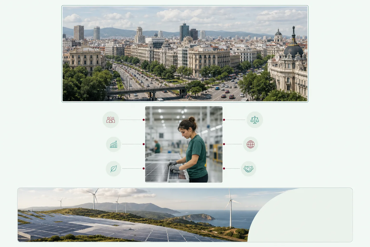 Panorama urbano español que representa actividad, infraestructuras y vida económica